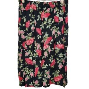 Vintage 90s Carole Little Black Red Floral Below Knee Pencil Skirt Size 12